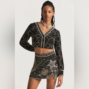 LoveShackFancy Black Embellished Cropped V-Neck Top